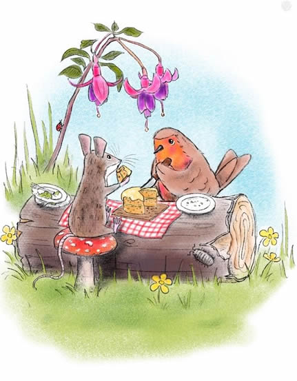 Robin & Mouse Enjoy Cake Beneath The Fuchsia